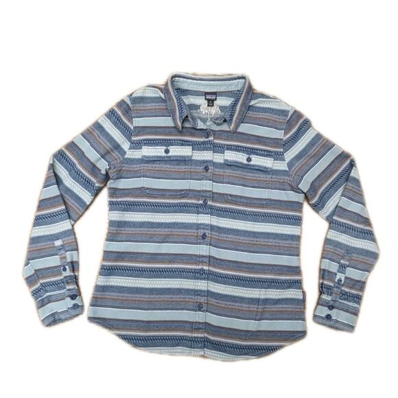 PATAGONIA Womens Fjord Flannel Shirt Blue Brown White Stripe Organic Cotton sz M - Picture 2 of 12